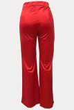 Pantaloni dritti in tinta unita dritti a vita media regolari patchwork solidi casual rossi