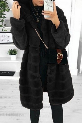 Prendas de abrigo de cuello con capucha de cárdigan sólido informal negro