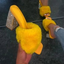 Zapatos de cuña con puerta cuadrada con diamantes de imitación, informales, amarillos (altura del tacón 3.94 pulgadas)