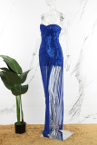 Синие сексуальные формальные лоскутные блестки Лоскутное вечернее платье с открытой спиной и без бретелек