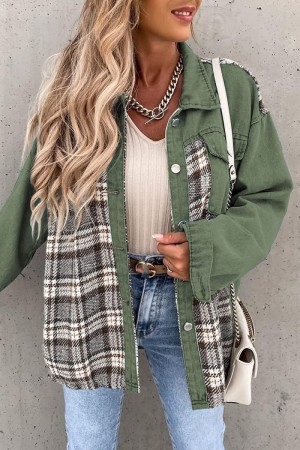 Green Casual Plaid Print Colorblock Patchwork Turndown Collar Long Sleeve Regular Denim Jacket