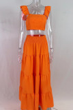 Tangerine Red Elegant Solid Patchwork Boat Neck Sleeveless Two Pieces