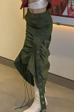 Groen Casual effen patchwork Trekkoordknopen Rits Rechte lage taille Rechte effen kleur broek