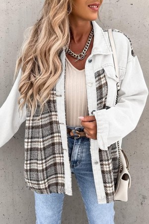 White Casual Plaid Print Colorblock Patchwork Turndown Collar Long Sleeve Regular Denim Jacket
