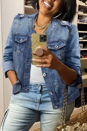 Blue Casual Solid Patchwork O Neck Long Sleeve Regular Denim Jacket
