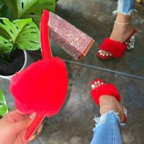 Zapatos de cuña con puerta cuadrada con diamantes de imitación y retales informales rojos (altura del tacón 3.94 pulgadas)