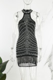 黒のセクシーなパッチワークホット掘削タッセルシースルーノースリーブドレスドレス