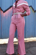 Pink Light Print Striped Long Sleeve V Neck Jumpsuits(No Belt)