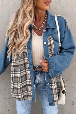 Blue Casual Plaid Print Colorblock Patchwork Turndown Collar Long Sleeve Regular Denim Jacket