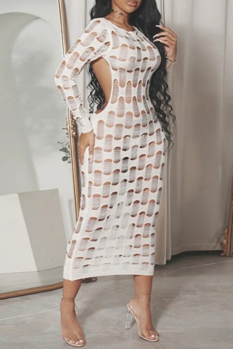 White Sexy Solid Hollowed Out See-through Backless O Neck Long Sleeve Dresses
