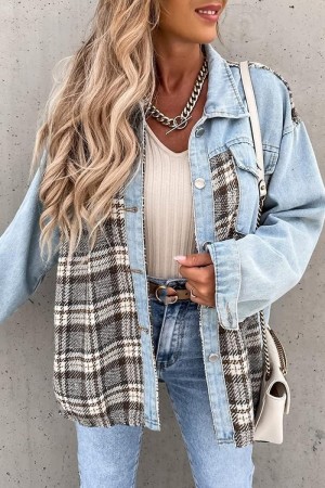 Sky Blue Casual Plaid Print Colorblock Patchwork Turndown Collar Long Sleeve Regular Denim Jacket