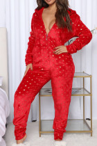 Pijamas de Natal com estampa viva vermelha patchwork com zíper para o dia de Natal