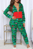 Verde escuro Living Print Patchwork Zipper Pijamas de Natal