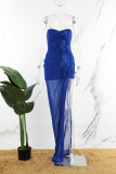 Blaue sexy formelle Patchwork-Pailletten-Patchwork-rückenfreie, trägerlose Abendkleider