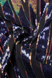 Blauwe casual patchwork pailletten V-hals jurken met lange mouwen