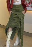 Groen Casual effen patchwork Trekkoordknopen Rits Rechte lage taille Rechte effen kleur broek