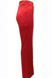 Красный Повседневный однотонный пэчворк Прямые однотонные штаны со средней талией и обычной талией