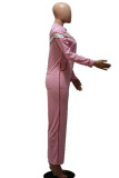 Gestreifte, langärmlige Jumpsuits mit V-Ausschnitt in Rosa und hellem Muster (ohne Gürtel)