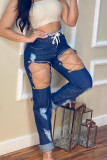 Deep Blue Casual Solid Bandage Hollowed Out Patchwork Pocket Buttons Zipper Regular Tie-wrap Denim Mid-rise Ripped Jeans