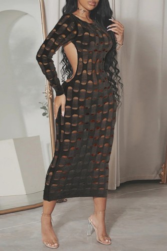 Black Sexy Solid Hollowed Out See-through Backless O Neck Long Sleeve Dresses