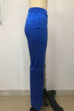 Blue Casual Solid Patchwork Regular Mid Waist Straight Solid Color Bottoms