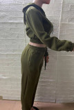 Verde militar Casual Patchwork liso Dibujar Cordón Bolsillo Cremallera Cuello con capucha Manga larga Dos piezas