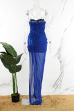 Синие сексуальные формальные лоскутные блестки Лоскутное вечернее платье с открытой спиной и без бретелек
