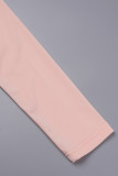 Розовый повседневный пэчворк из двух частей с контрастным круглым вырезом и длинными рукавами
