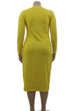 Yellow Sexy Solid Hollowed Out Patchwork V Neck Long Dress Plus Size Dresses