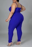 Blue Casual Solid Basic O Neck Plus Size Three Piece Set