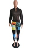 Black Casual Print Patchwork Zipper Collar Long Sleeve Two Pieces