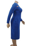 Blue Sexy Solid Hollowed Out Patchwork V Neck Long Dress Plus Size Dresses