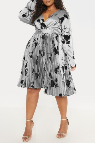 Silver Black Casual Print Patchwork V Neck Pleated Plus Size Dresses