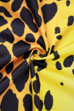 Giallo Casual Stampa Leopard Patchwork Colletto con risvolto Manica lunga Due pezzi