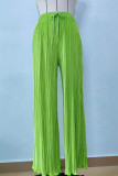 Grüne, süße, einfarbige, einfarbige Hose mit geradem Patchwork-Kordelzug und gerader mittlerer Taille