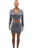 Grey Casual Solid Patchwork Draw String Pocket Zipper Hooded Collar Long Sleeve Two Pieces