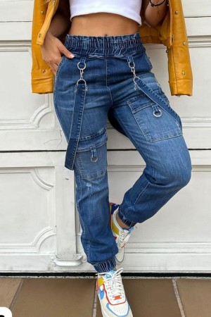 Blue Casual Solid Patchwork High Waist Regular Cargo Denim Jeans