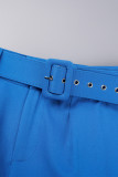 Blå Casual Solid Patchwork Med Bälte Vanlig hög midja Konventionella enfärgade byxor