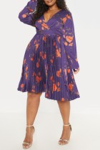 Purple Casual Print Patchwork V Neck Pleated Plus Size Dresses