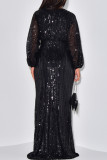 Zwarte elegante effen pailletten patchwork v-hals lange jurk jurken