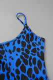 Синий повседневный принт Леопардовый лоскутный отложной воротник с длинным рукавом из двух частей