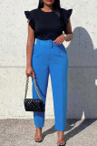 Синие повседневные однотонные лоскутные брюки с поясом, обычные однотонные брюки с высокой талией
