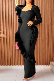 ブラック エレガント ソリッド パッチワーク ストリング セルビッジ 非対称襟 ロング ドレス ドレス