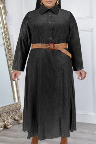 Black Sweet Turndown Collar Long Sleeve Patchwork Buckle Plus Size A Line Vacation Maxi Dresses
