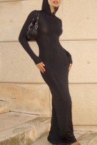 Vestidos longos pretos casuais sólidos básicos com gola com capuz