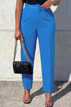 Pantalon bleu décontracté en Patchwork uni avec ceinture, taille haute régulière, couleur unie conventionnelle