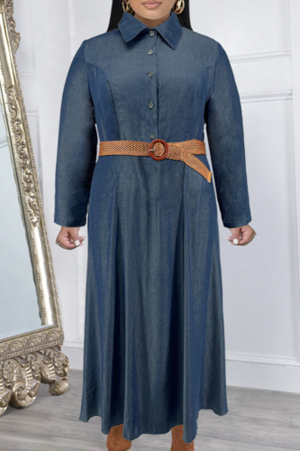 Navy Blue Sweet Turndown Collar Long Sleeve Patchwork Buckle Plus Size A Line Vacation Maxi Dresses