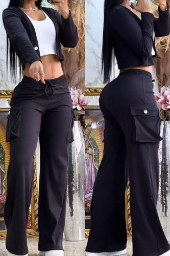 Black Casual Street Solid Patchwork Buttons V Neck Long Sleeve Two Pieces
