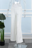 Pantalones de color sólido convencional de cintura alta regular patchwork sólido casual blanco