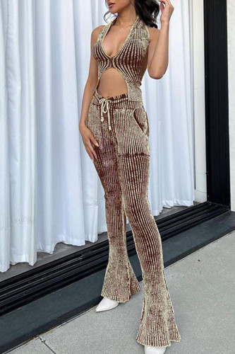 Brown Sexy Solid Patchwork Draw String Pocket V Neck Sleeveless Two Pieces